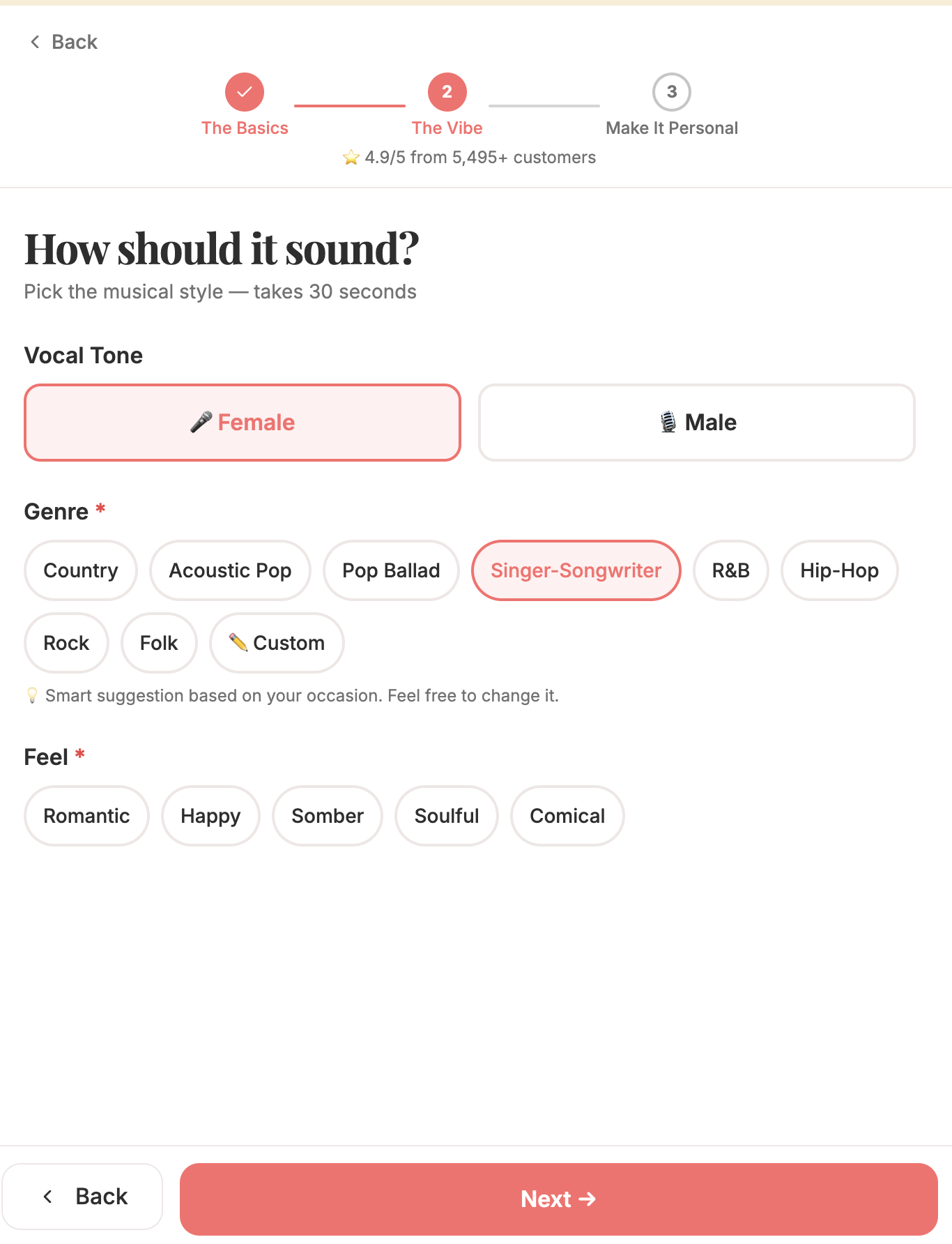 YourSongBox musical style selector. Choose vocal tone, genre, and feel.