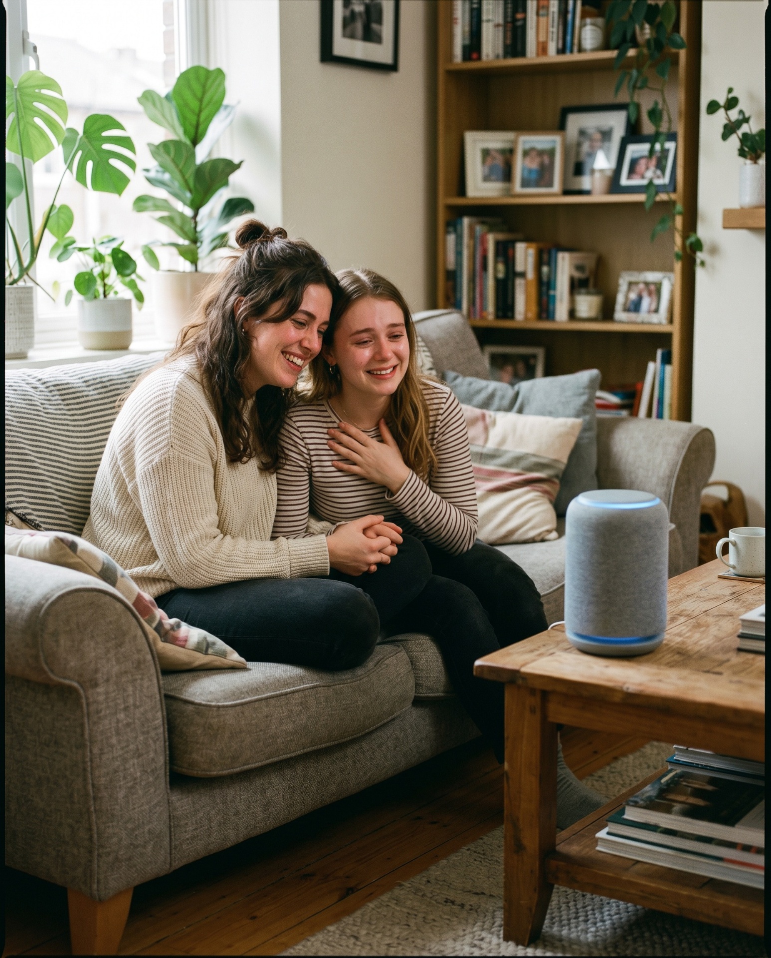 Two sisters sharing a happy moment